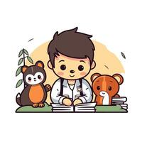cute boy with books and bear in the park element illustration design vector