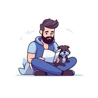 Man sitting on the floor with dog illustration in cartoon style vector