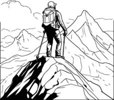 Hiker on the top of the mountain illustration in sketch style vector