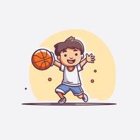 Cute little boy playing basketball illustration in cartoon style vector