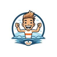 element illustration of a happy man swimming in the pool with a surfboard vector