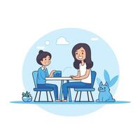 Mother and daughter sitting at table and playing with cat illustration vector