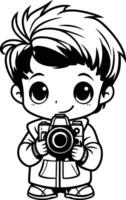 cute little boy with camera cartoon element illustration graphic design in black and white vector
