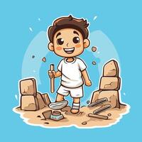 illustration of a boy building a sand castle Cartoon style vector