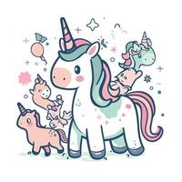 Cute hand drawn element illustration of a magical unicorn with a herd of unicorns vector