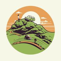 Retro car on the hill illustration in retro style vector