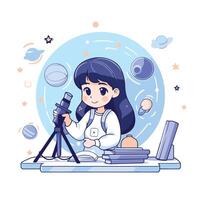Cute little girl using a telescope to study planets illustration vector