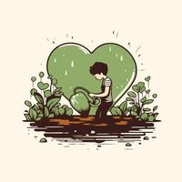 element illustration of a man watering plants in the garden with a heart vector