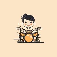 Cute little boy playing drums illustration in cartoon style vector