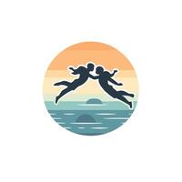 Summer beach logo design template illustration of two people jumping on the beach vector