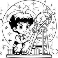 element illustration of Black and White Cartoon Illustration of Kid Boy Playing Astronaut or Astronaut with Telescope or Telescope for Coloring Book vector