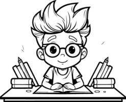 Cute schoolboy with glasses sitting at the desk and reading a book vector