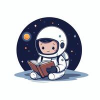 Cute little astronaut reading a book in space illustration vector