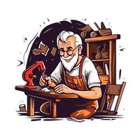 Old craftsman working with tools in his workshop illustration vector