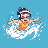 Cute cartoon little girl swimming on a wave illustration vector