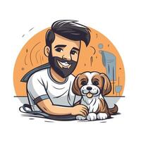 illustration of a man with a beard and mustache sitting with his dog vector