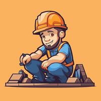 Worker in helmet and overalls sitting on the floor illustration vector