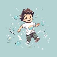 Cute boy jumping with soap bubbles on a blue background illustration vector