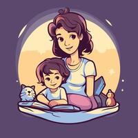 Mother and daughter reading a book illustration in cartoon style vector
