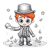 Cute red haired boy in a suit and hat with a watering can vector