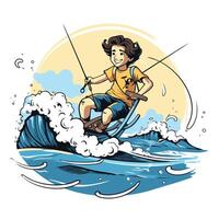 element illustration of a young man riding a water skiing on the waves vector