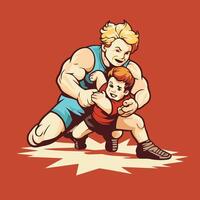 illustration of a father and son wrestling in a cartoon style vector