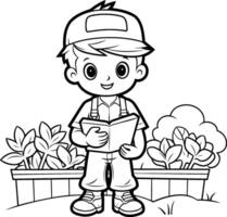 Black and White Cartoon Illustration of Kid Boy Reading a Book or Notebook in the Park vector