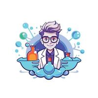 Scientist with chemical flask and test tube illustration in cartoon style vector