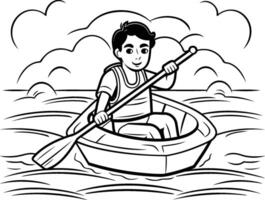 Man rowing in a boat Black and white illustration vector