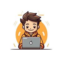 Cute boy with laptop computer illustration in cartoon style vector