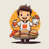 illustration of a boy with hamburger and fast food in cartoon style vector