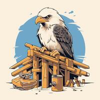 Bald eagle sitting on a wooden house illustration in retro style vector