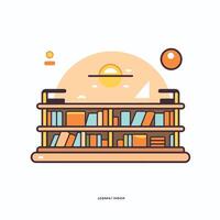 Bookshelf with books and sun in flat style illustration vector