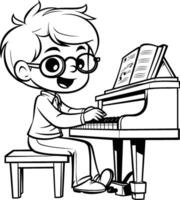 Boy Playing Piano Black and White Cartoon Illustration Isolated on White Background vector