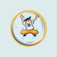 Happy boy jumping on inflatable circle illustration in cartoon style vector