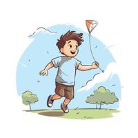 Boy playing with a kite in the park illustration vector