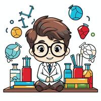 Cute little boy dressed as a scientist sitting on a shelf full of science supplies vector