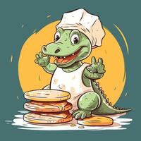 Cute crocodile chef with stack of pancakes illustration vector