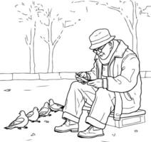 element illustration of a man sitting on a bench and feeding pigeons vector