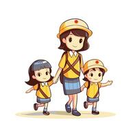 Mother and children in the uniform of a firefighter element Illustration on a white background vector