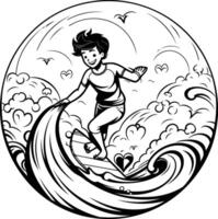 Boy surfing on the waves in the form of a circle illustration vector