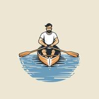 Man rowing on a boat illustration in retro style vector