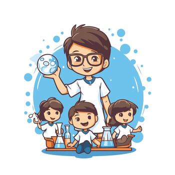Scientist and kids doing science experiments in laboratory element illustration graphic design vector