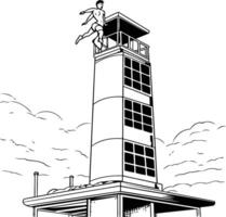 Black and white illustration of a man jumping from a high building vector