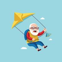 Old man flying on a kite illustration in cartoon style vector