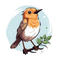 element illustration of a robin bird sitting on a branch with leaves vector