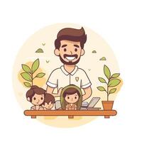 Father and children working on laptop illustration in cartoon style vector