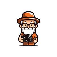 Old man in hat and glasses with camera illustration on white background vector
