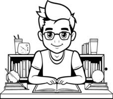 student boy with books and pencils in the desk element illustration graphic design vector