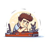cartoon illustration of a boy working at the computer He is tired vector